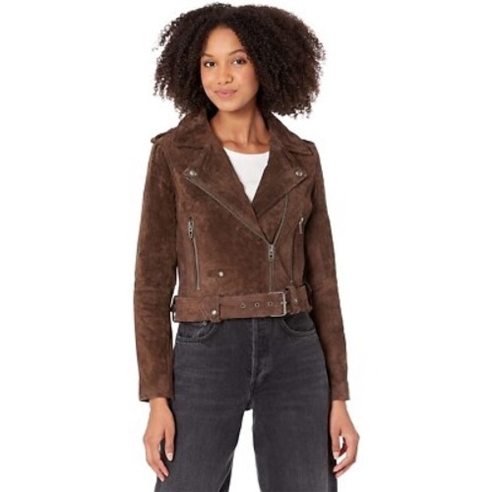 Blank NYC Suede Moto Jacket Coffee Bean Brown Asymmetrical Zip Belted - Small